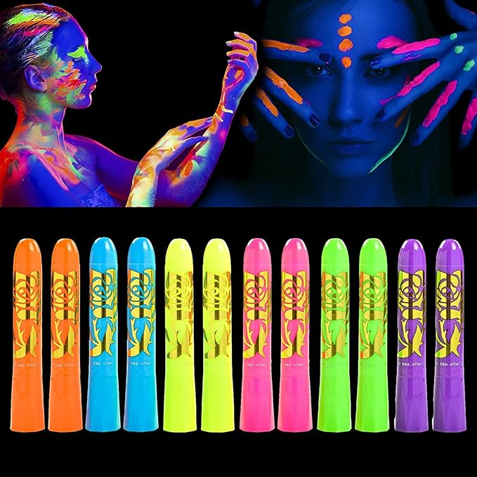 12 Pcs Glow Face Body Paint，Glow in The Dark Light UV Fluorescent Crayons Paint Sticks Makeup Neon Kit for Kids Adults Halloween Masquerade Mardi Gras Blacklight Birthday Party