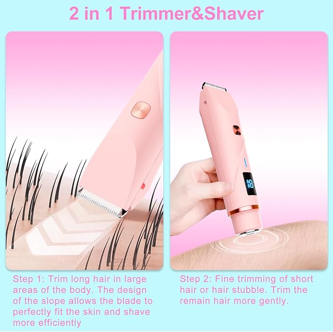 Bikini Trimmer for Women, 2 in 1 Electric Razors for Women Pubic Hair, IPX7 Waterproof Dual Head Bikini Shaver with LED Display, Rechargeable Electric Trimmer (Purple)