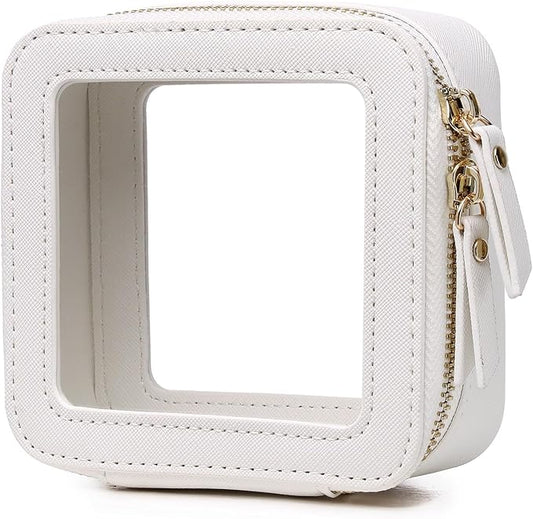 Pinkmik Small Makeup Bag Mini Clear Cosmetic Makeup Case & Toiletry Bag with Zipper Women's Purse Organizer & Car Essentials (White,MINI-1)