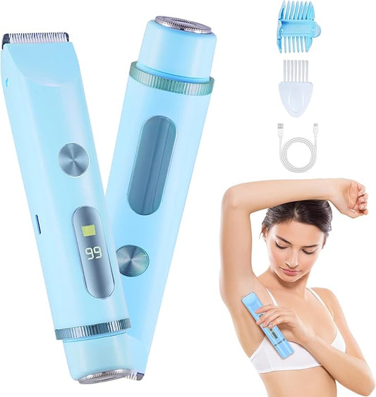 Bikini Trimmer for Women with LCD, Cordless& Painless& Waterproof Dual Head Shaver for Women Private Area& Face& Body, 2-in-1 Electric Razors, Bikini Shaver, Hair Trimmer Travel Grooming Kit