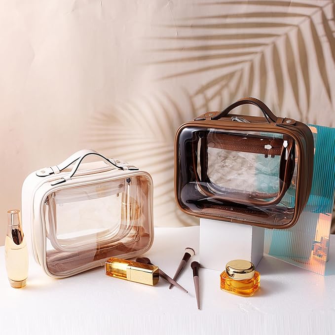 SANHECUN traveling toiletry Case large clear cosmetics case makeup bag Dimensions | LxWxH:10” x 4.5” x 7.5”(Beige, Medium)