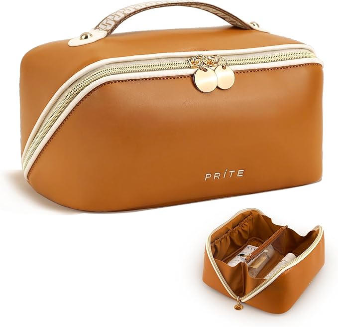 Prite Makeup Bag for Women Travel Waterproof Vegan Leather Cosmetic Bag Open Flat Toiletry Bag With Clear Divider and Handle (Large Brown)