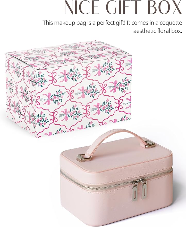 Popvibe Makeup Case with Mirror Lighted Up Travel Vanity Make Up Bag Set with Brush Storage, Pink Leather Cosmetic Bag Compact Traveling Small Train Case Luxury Travel Essentials Portable Makeup Box