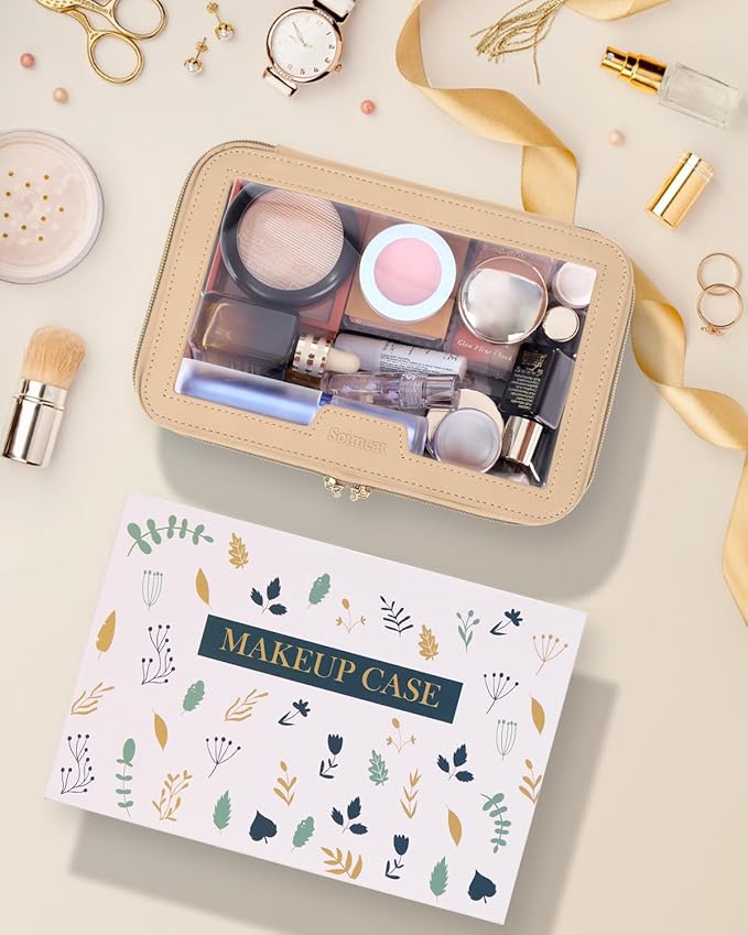 Travel Clear Makeup Bag with Makeup Brush Bag, Leather Makeup Case Toiletry Bag, Portable Cosmetic Bag Case, Transparent Waterproof Cosmetic Organizer Storage Bag for Women, Khaki