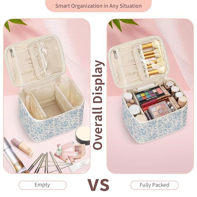 OCHEAL Travel Makeup Bag, Cosmetic Bags for Women Makeup Case Organizer Large Capacity Travel Toiletry Bag Storage Bags with Divider and Handle for Cosmetics Toiletries Brushes Tools-Blue Floral