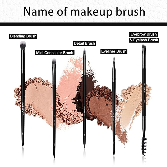 Eye Makeup Brush Set 5pcs - Blending, Concealer, Eyeshadow, Eyeliner & Dual Ended Brow Brushes, Soft Bristles and Wood Handle for Natural, Smoky and Bold Eye Looks - Small Travel Eyes Kit (Black)