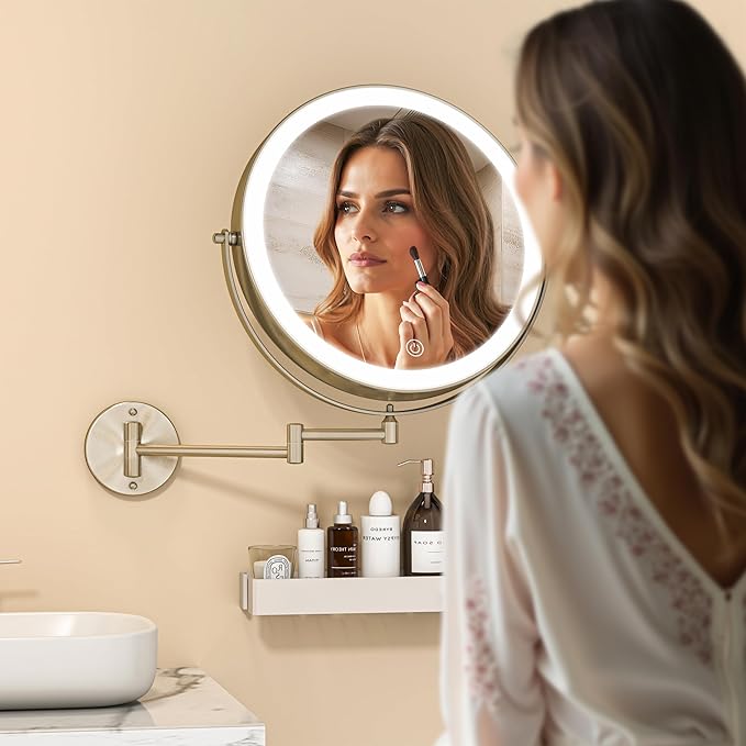10" Wall Mounted Makeup Mirror with Light, 3000mAh Rechargeable Double Sided 1X / 10X Magnifying Vanity Mirror, 3 Color Lights Touch Dimmable 360° Rotation Bathroom Mirror, Nickel