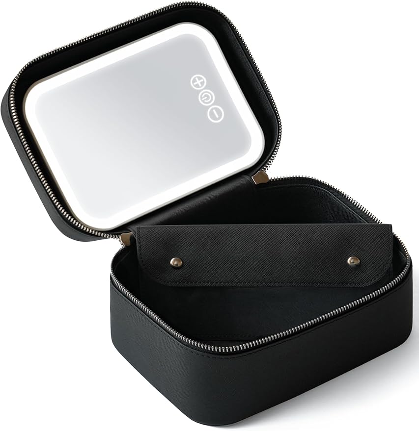 Popvibe Travel Makeup Bag with LED Mirror, Compact Make Up Vanity Case with Brush Storage and Top Handle, Light Up Makeup Case Traveling Leather Cosmetic Bag, Portable Medium Sized Train Case, Black