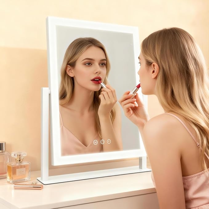 Vanity Mirror with Lights, Three Colors Lighting Mode, 360°Rotation, Lighted Makeup Mirror wih Stand for Desk, Bedroom, Dorm, 11x14.5 Inch