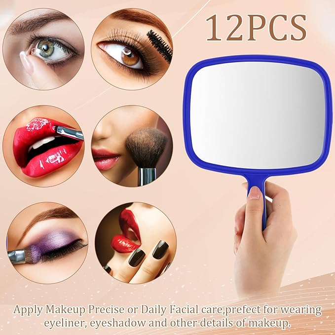 Geetery 12 Pcs Hand Held Mirrors with Handles Hand Makeup Mirrors Bulk Wall Mount for Women Cosmetic Bathroom Home Barber Salon Travel Portable Beauty School Gift, 6.69 x 9.45 Inch (Blue)