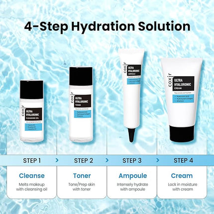 [New Years Gift] coxir Ultra Hyaluronic Holiday Gift Set – Cleansing Oil + Toner + Ampoule + Cream |Mini Skincare Kit, Travel-Size Korean Skincare Set, Hydrating Routine | Christmas Mini Gift