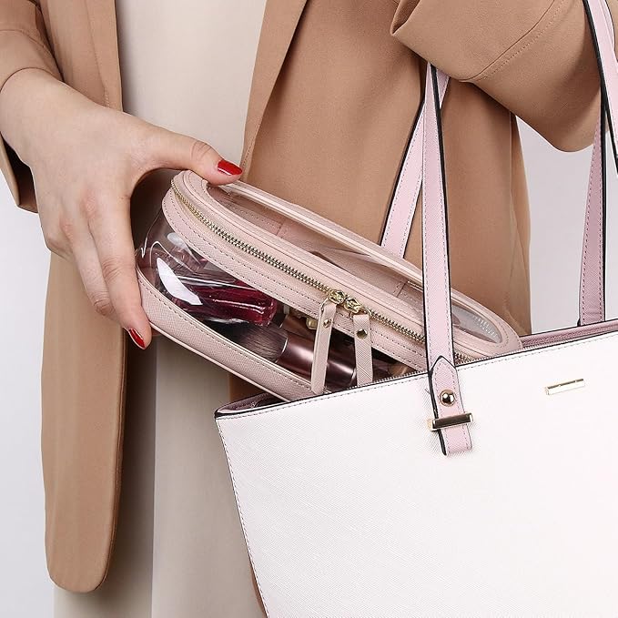 Pinkmik Makeup Brush Case Clear Travel Cosmetic & Toiletry Bag Slim Makeup Bag with Zipper Small Purse Organizer Car Essential Bag for Women (Pink, SLIM-2)