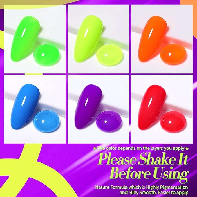 Born Pretty Halloween Neon Gel Nail Polish Bright Rainbow Colorful Fluorescent Gel Polish Yellow Green Blue Purple Red Orange Color Gel Nail Polish Collection Gift 6PCS