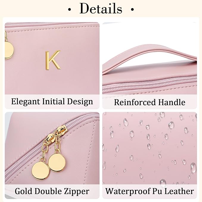Birthday Gifts for Women Teen Girl, Personalized Initial Makeup Organizer Bag Set, Open Flat Travel Cosmetic Bag With Clear Divider and Handle(Pink,K)