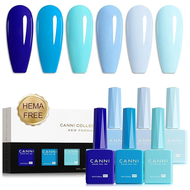 CANNI Blue Gel Nail Polish Set – 6 Colors 9ML Baby Royal Light Blue – Aquarius Ocean-Inspired Summer Gel, Soak Off UV LED Polish for DIY Manicure, Home or Salon Use
