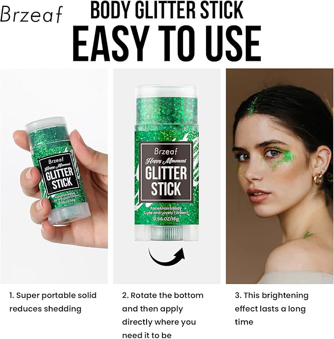 Brzeaf Waterproof Green Body Glitter Stick, Halloween Chunky Glitter for Face/Body/Hair/Eyes/Lip, Singer Concert Music Rave Festival, Glitter Stick Makeup & Face Glitter Gel for Women Men 0.56 OZ