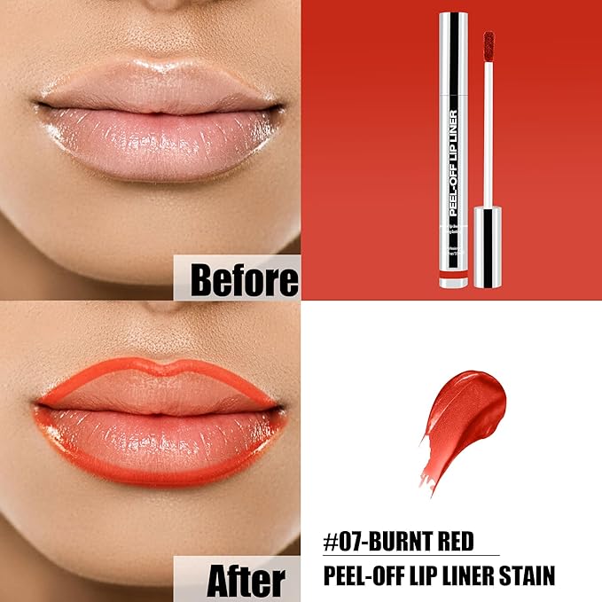 Peel Off Lip Liner Stain, Long Lasting Matte Lip Tattoo Makeup, Smudge-Proof, Highly Pigmented Color, Transfer-Proof, Waterproof, Suitable for All Skin Types, Burnt Red