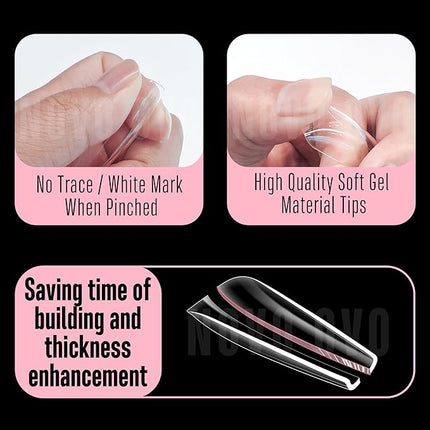 NOVO OVO Long Coffin Nail Tips NATURAL (Not SCULPTED) for Flat Nail Beds, Extra Thick L Length False Nails Press on, Full Cover Soft Gel Fake Nail Extension, Salon DIY x 15 Sizes 450 pcs