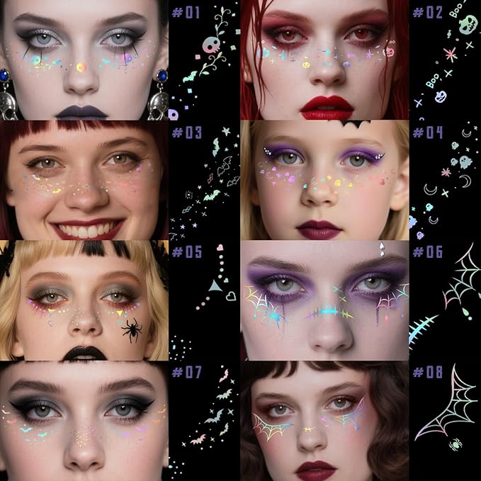 8pcs Holographic Silver Halloween Glitter Freckles Face Tattoo, Waterproof Long Lasting Multicolor Speckles Patches for Women Kids, Cute Temporary Tattoo Makeup Accessories for Festival Rave