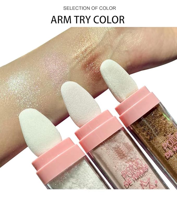 3 Colors Glitter Powder Highlighter Makeup, Body Brightens the Natural Three-Dimensional Face Blusher Fairy Highlight Patting Powder. (01#White Moonbeam/04# Green/05# Gold)