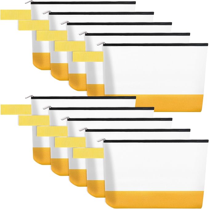 10 Pieces Cotton Canvas Makeup Bag with Bottom and Strap, Multi-Purpose Cosmetic Bag with Zipper Travel Toiletry Pouch, Blank DIY Craft Bag (White&Yellow, M)