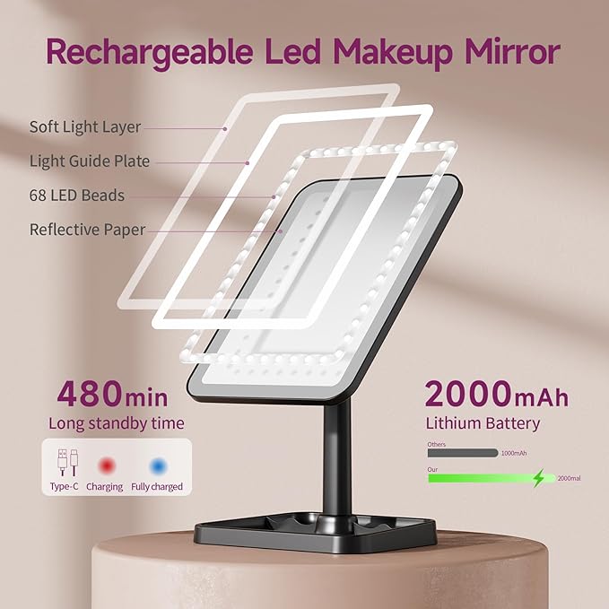 FUNTOUCH Rechargeable Lighted Mirrors for Makeup, 2000mAh, 10X Magnification/3 Color Lighting Portable Tabletop Cosmetic Make Up Mirror, 360° Rotation Led Light up Mirrors with Storage