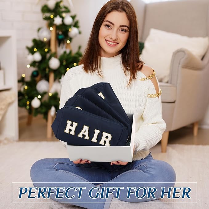 Cunno 4 Pcs Preppy Makeup Bags Chenille Letter Stuff Bag Nylon Cosmetic Pouch Cases with Zipper for Women Travel Toiletry