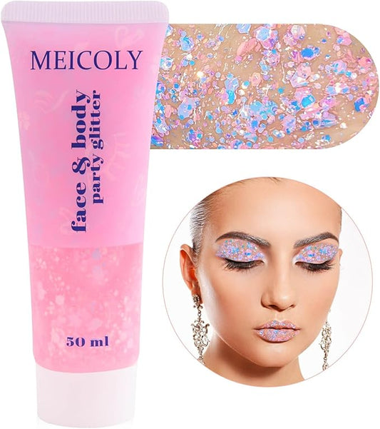 MEICOLY Chameleon Baby Pink Body Glitter,Pink Turn to Purple Face Glitter Paint,Color Changing Mermaid Face Glitter Gel for Halloween,Chunky Glitter for Face Body Hair,Festival Party Glitter Makeup