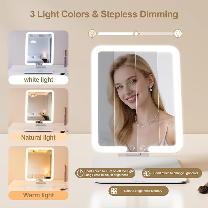 Benbilry Travel Makeup Mirror with Light, 15X Magnifying Mirror & 3 Color Modes, 1800mAh Rechargeable, Adjustable Height/Angle Stand, Foldable LED Vanity Mirror for Tabletop (White)