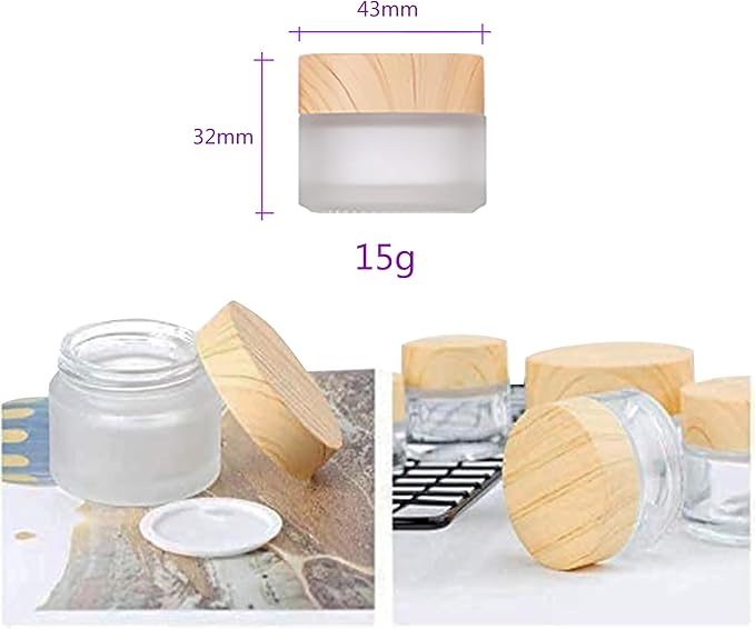 10 Packs 15ml/15g Empty Sample Jars Frosted Glass Cream Jar Bottle with Wood Grain Lid Cosmetic Containers Glass Cream Box Refillable Glass Cream Jar Pot for Makeup Lotion Face Eyeshadow