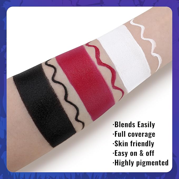 Black White Red Face Paint + 3PC Sponge + Brush, Colored Eye Black for Baseball Softball Sport Games, Body Painting Kit for Halloween Clown Makeup, Cosplay, Costume, SFX Special Effect, Theme Parties