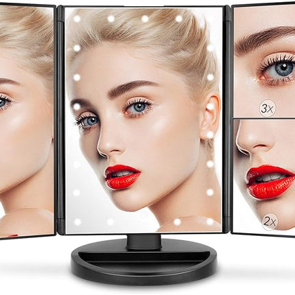 deweisn Tabletop Mount Trifold Lighted Vanity Mirror with 21 LED Lights, Touch Screen and 3X/2X/1X Magnification, Two Power Supply Mode Make up Mirror,Travel Mirror