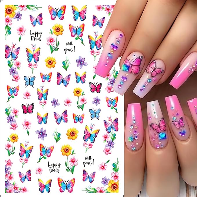 8 Sheets Butterfly Flower Nail Stickers Colorful Butterfly Nail Art Stickers 3D Self-Adhesive Floral Nail Decals for Nail Art Rose Green Leaf Cute Spring Design Nail Supplies for DIY Charms