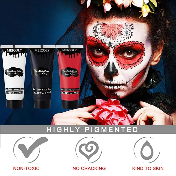 MEICOLY Black White Red Face Body Paint with Setting Powder and Sponges,Clown White Devil Joker Face Paint Makeup,Waterbased Body Paint,Halloween Face Painting for Vampire Skeleton Spiderman