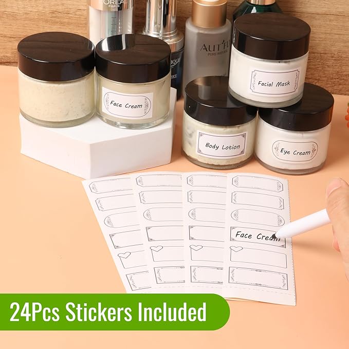 2 oz Clear Glass Jars with Lids 24Pack, Small Jars with Inner Liners for Sample, Powder, Cream, Lotion and Ointments with Stickers & Spatulas Included