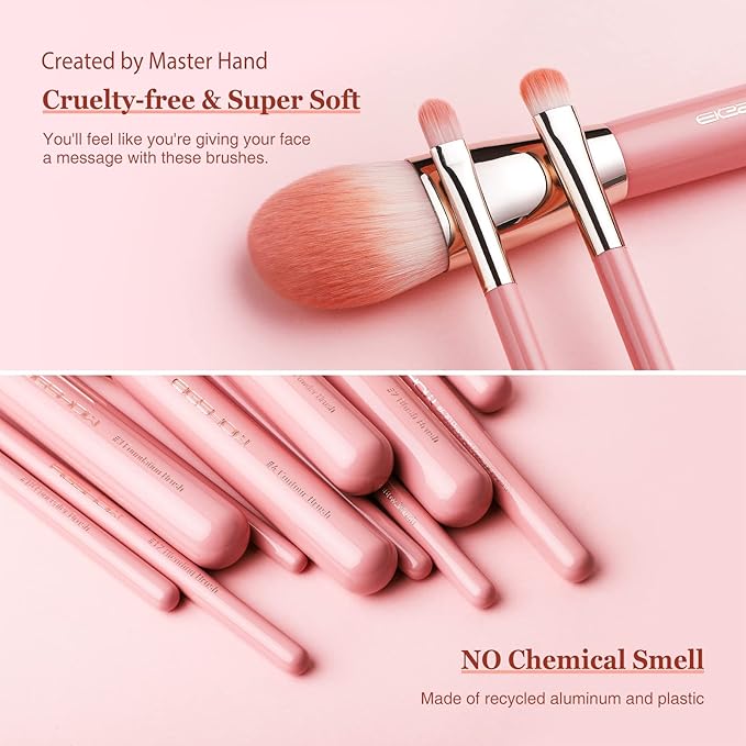 Makeup Brushes, EIGSHOW 15pcs Professional Makeup Brush Set With Case, Premium Synthetic for Foundation Contour Concealers Blush Eye Shadow (MISTYROSE)