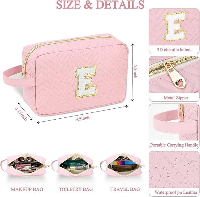 Personalized Initial Makeup Bag Waterproof Leather Cosmetic Bag Travel Toiletry Bag, Valentine’s Day Gift Makeup Organizer Case & Makeup Pouch for Women Teen Girls Mom Girlfriend Wife