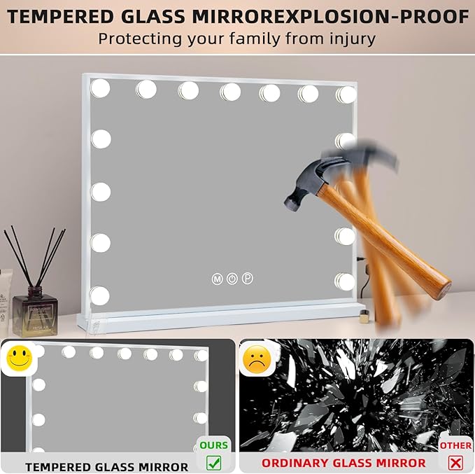 Fenair Vanity Mirror with Lights 22.8"x 18.1" Makeup Mirror with Lights and 15 Dimmable Bulbs,3 Colors Modes,Hollywood Mirror with USB Charging Port and 10X Detachable Magnification Mirror