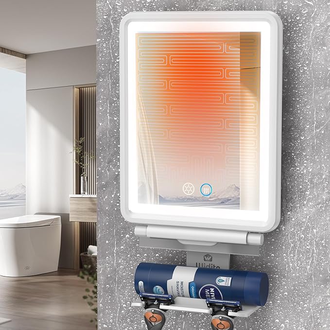 Heated Shower Mirror Fogless for Shaving, 3 Color Dimmable Lights Shower Mirror Fogless, Rechargeable Anti-Fog Shaving Mirror with Razor Holder, Storage Tray, Squeegee