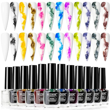 MIZHSE Marble Nail Polish, Marble Ink for Nails Gel Blooming Gel Nails Polish 12 Colors Nail Ink Magic Watercolor Pink Blue Purple Blossom Gels for Manicure Varnish Art Flower Design