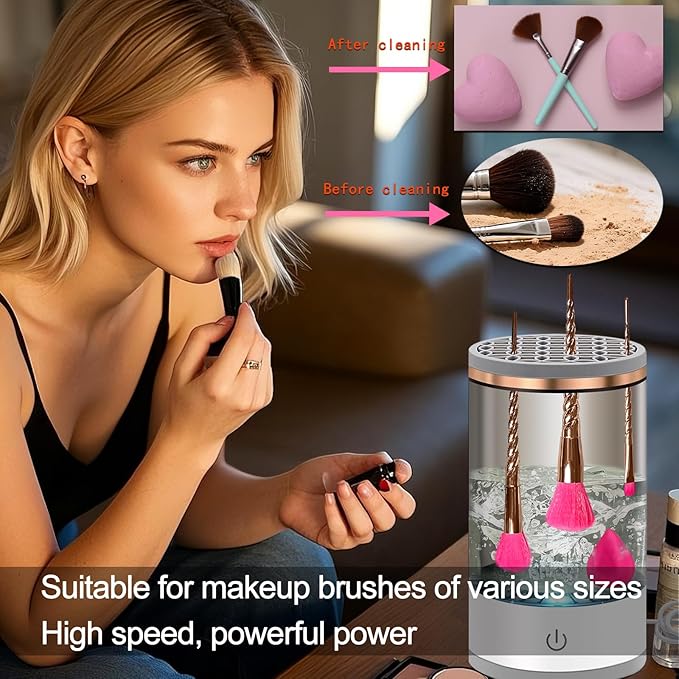 Electric Makeup Brush Cleaner Machine: Portable Face Beauty Brushes Cleaning Blender with Silicone Holder, Facial Care Tool Washer, Sponge Washing Device, Girls Travel Cosmetic Organizer (Black)