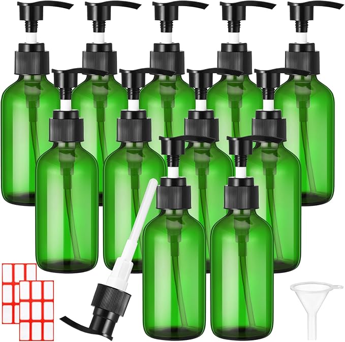 Tanlade 12 Pcs Glass Pump Bottle Dispenser 4 oz Travel Bottles with Pump Refillable Glass Containers for Toiletries Lotion Liquid Soap Shampoo Essential Oils Cosmetic Travel Accessories(Green)