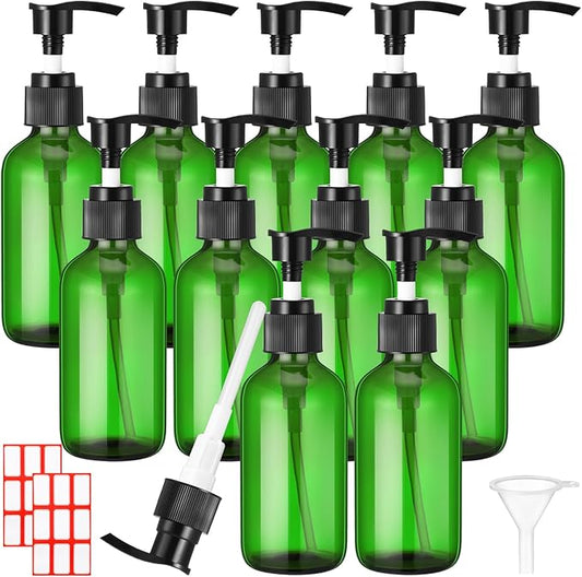 Tanlade 12 Pcs Glass Pump Bottle Dispenser 4 oz Travel Bottles with Pump Refillable Glass Containers for Toiletries Lotion Liquid Soap Shampoo Essential Oils Cosmetic Travel Accessories(Green)
