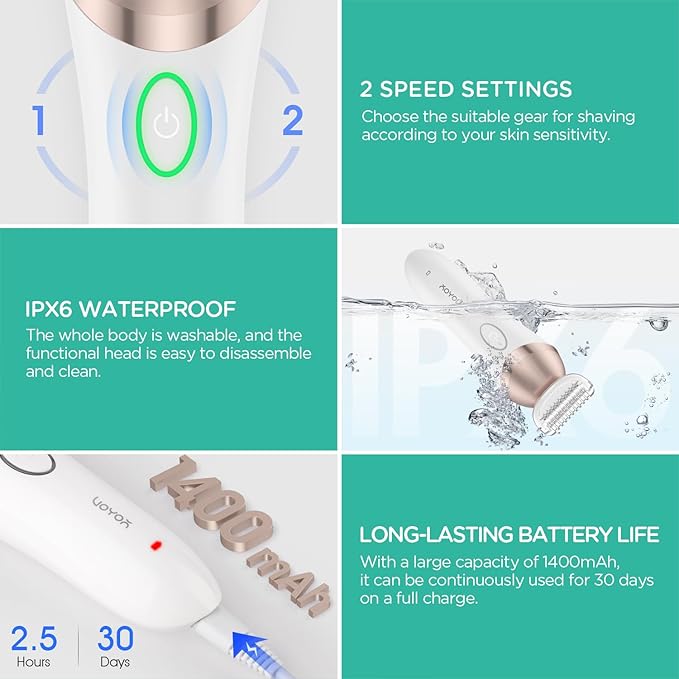 VOYOR Electric Razors for Women 4 in 1 Bikini Trimmer, Foil Shaver for Women 4 Replacement Heads for Body, Pubic Hair Trimmer, Cleansing, Massage 2 Adjustable Speeds Rechargeable Shaver ES501 (Gold)