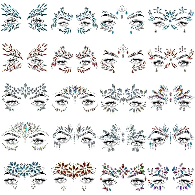 20 Sets Face Jewels - Mermaid Glitter Gems. Waterproof Temporary Tattoos for Eyes & Face. Ideal for Parties, Raves, Carnivals & Holiday Costumes - Top Rave Makeup Accessories