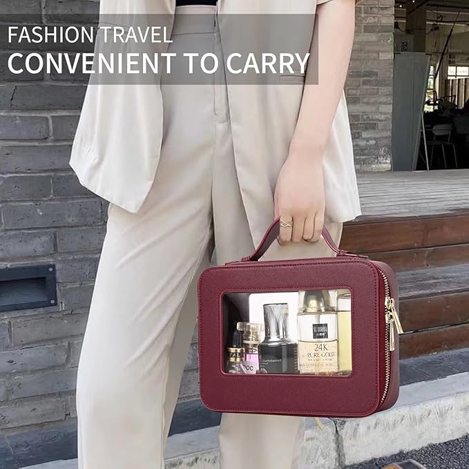 Pinkmik Travel Clear Makeup Bag with Brush Bag Portable Cosmetic Bag Case Transparent Toiletry Bag Cosmetic Organizer Storage Bag for Women (X/Burgundy, L+SLIM)