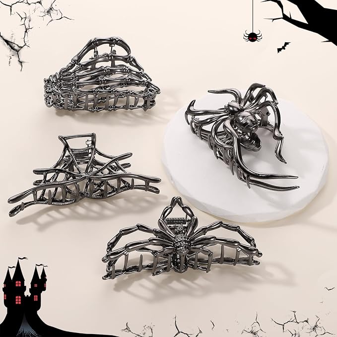 4 Pack Halloween Hair Clips, Large Metal Claw Clips with Spider Webs Skeleton Decor for Women and Girls Thick Long Hair Styling, Goth Accessories Christmas Gifts (black)