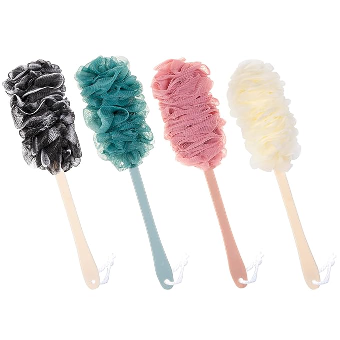 Back Scrubber for Shower,Loofah Long Handle Bath Body Brush,Soft Nylon Mesh Sponge for Shower,Loofah On a Stick for Men Women,Exfoliating Scrub Cleaning Luffa for Elderly(4Pack-4Color)