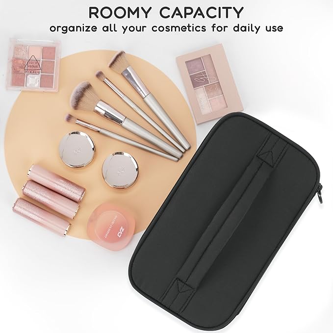 Relavel Makeup Bag Small for Women, Portable Cute Travel Cosmetic Bag, 2-Layers Design with Makeup Brush Compartment for Girls, Preppy Make Up Organizer for Travel Essentials Toiletries, Black