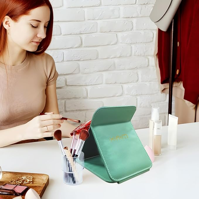 Foldable Travel Makeup Mirror, Adjustable Angle Portable Standing Vanity Mirror, Compact PU Leather Design for Home/Camping/Desktop Use, Fresh Green (8.4"x6")
